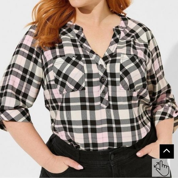 NWT Torrid Harper Challis Pullover 3/4 Sleeve Blouse Jamie Plaid Dew Pink - Picture 1 of 7